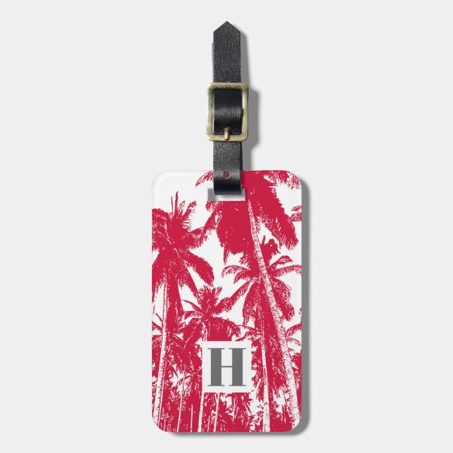 Etiqueta Para Maletas Palmeras tropicales en rojo y blanco (Frente Vertical)