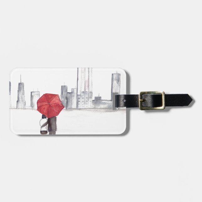 Etiqueta Para Maletas Paraguas rojos pareja Nueva York moda (Frente Horizontal)