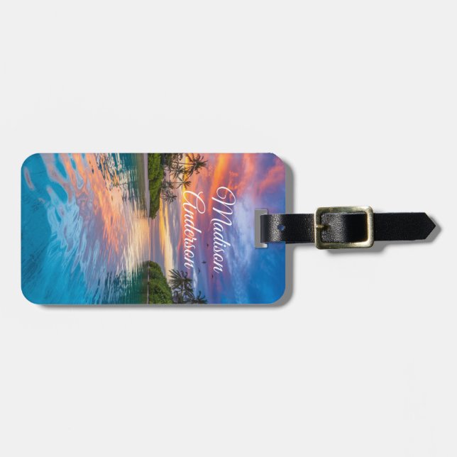 Etiqueta Para Maletas Paraíso tropical del atardecer personalizado (Frente Horizontal)