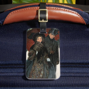 Etiqueta Para Maletas Pareja Victoriana Vintage Caminando en la Nieve