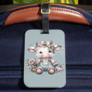 Etiqueta Para Maletas Pastel dulce de vaca bebé en overoles con flores