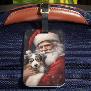 Etiqueta Para Maletas Pastor Australiano con Santa Claus Navidad