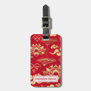 Etiqueta Para Maletas Patrón asiático personalizado de loto floral chino