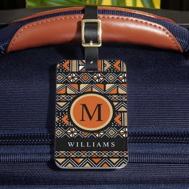 Etiqueta Para Maletas Patrón azteca Naranja de oro blanco negro personal (Anverso In situ 2)