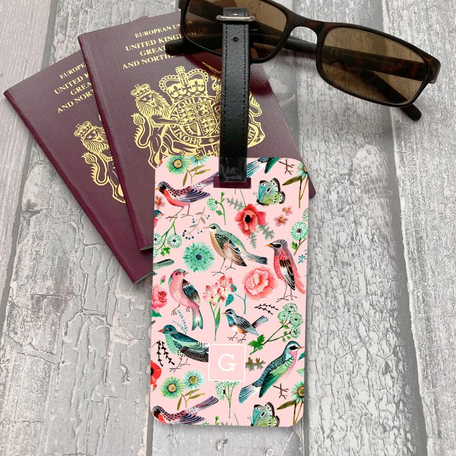 Etiqueta Para Maletas Patrón botánico de aves florales rosadas (Vintage Pink Floral Birds Botanical Pattern Luggage Tag)