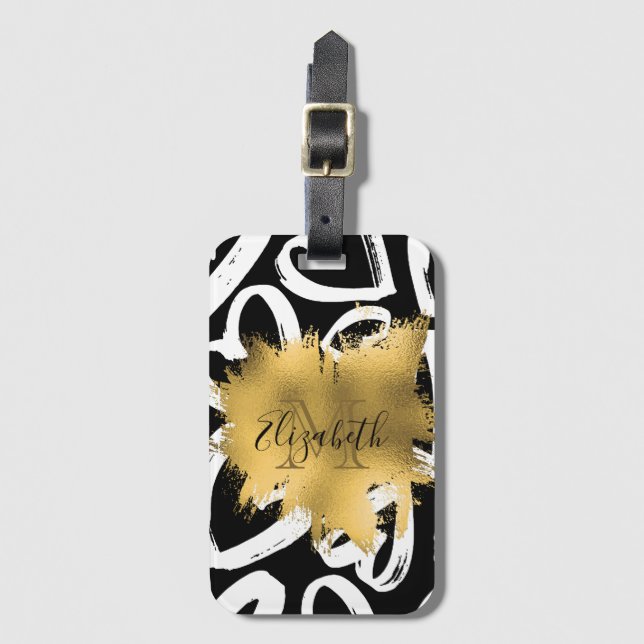 Etiqueta Para Maletas Patrón cardíaco y Relieve metalizado dorado (Anverso vertical)