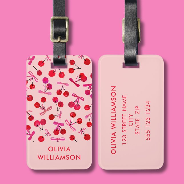 Etiqueta Para Maletas Patrón Coquette Cherry & Pink Bow (Cherry & pink bow  pattern coquette aesthetic personalized luggage tag)