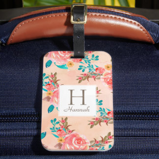 Etiqueta Para Maletas Patrón de acuarela floral monograma