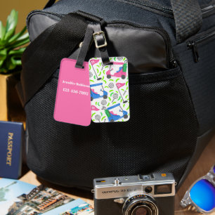 Etiqueta Para Maletas Patrón de carrito de golf rosa y azul elegante