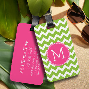 Etiqueta Para Maletas Patrón de cheurón rosa y verde con monograma
