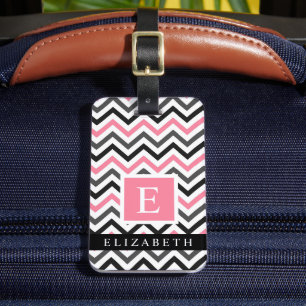 Etiqueta Para Maletas Patrón de Chevron gris negro rosado personalizado