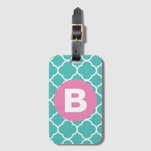 Etiqueta Para Maletas Patrón de Cuatrefoil Teal con Monograma Rosa Perso