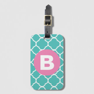 Etiqueta Para Maletas Patrón de Cuatrefoil Teal con Monograma Rosa Perso