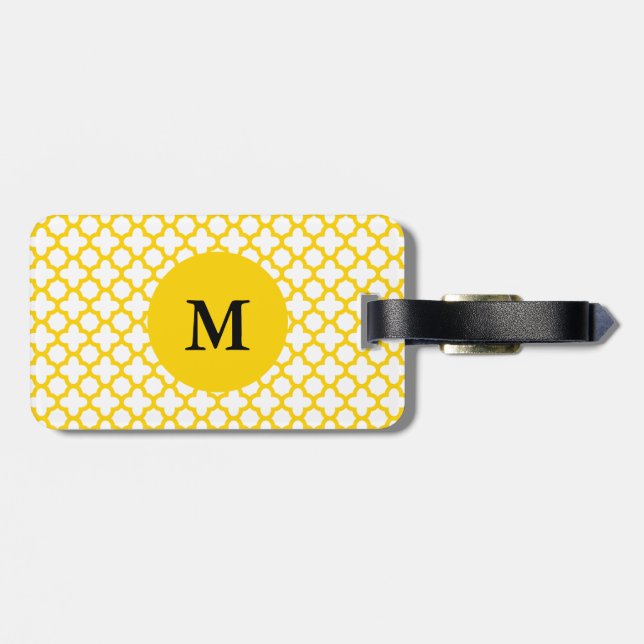Etiqueta Para Maletas Patrón de cuatrefolios amarillo monogramo (Atrás Horizontal)