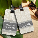 Etiqueta Para Maletas Patrón de Damasco de color gris y lineal con nombr<br><div class="desc">Viajar con estilo con un elegante patrón con una elegante letra diseñada para una mujer femenina. Añade tu nombre o monograma. Si necesita realizar ajustes en la ilustración,  haga clic en el botón personalizar para realizar cambios.</div>