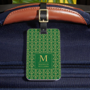 Etiqueta Para Maletas Patrón de damasco sin costuras verde esmeralda y d