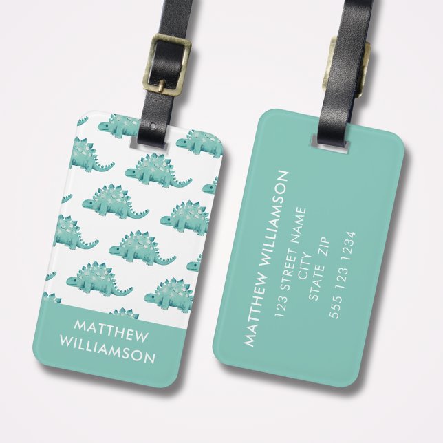 Etiqueta Para Maletas Patrón de dinosaurios personalizado (Cute kids stegosaurus dinosaur personalized luggage tag with address details to reverse side.)