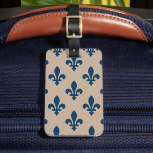 Etiqueta Para Maletas Patrón de Flor de Lis, Azul Real Francés sobre Cre
