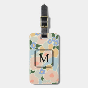 Etiqueta Para Maletas Patrón de flor de rosa pastel Monograma Azul Claro