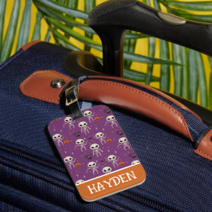 Etiqueta Para Maletas Patrón de Halloween de Esqueletos Morado Personali