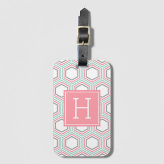 Etiqueta Para Maletas Patrón de hexágono de coral y rosa monogramado