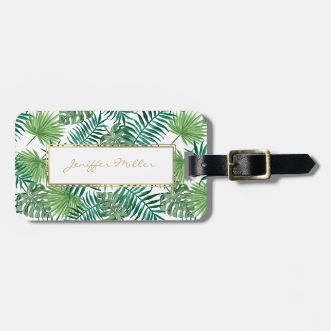 Etiqueta Para Maletas Patrón de hojas botánicas de follaje tropical.     (Frente Horizontal)