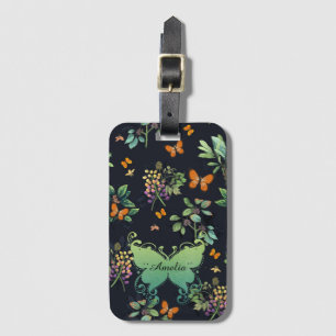 Etiqueta Para Maletas Patrón de mariposa floral oscuro personalizado de 