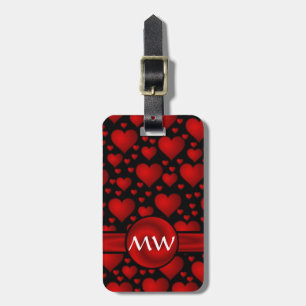 Etiqueta Para Maletas Patrón de monograma cardíaco rojo y negro