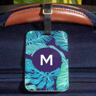 Etiqueta Para Maletas Patrón de Monograma de Hojas Verdes Azules Tropica