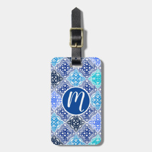 Etiqueta Para Maletas Patrón de mosaico marroquí pintado de azul