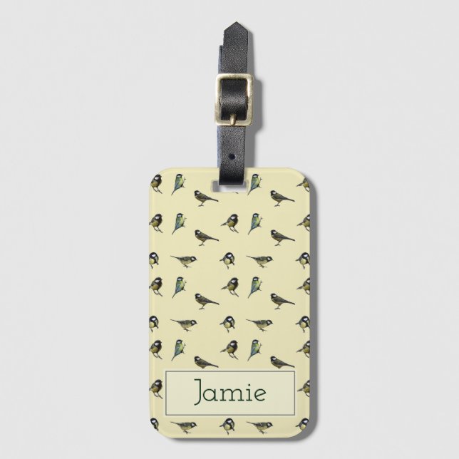 Etiqueta Para Maletas Patrón de pequeñas aves en beige personalizado (Anverso vertical)