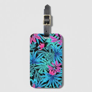 Etiqueta Para Maletas Patrón de planta tropical neón rosa y azul