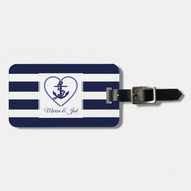 Etiqueta Para Maletas Patrón De Rayas Anclas Y Azules (Frente Horizontal)