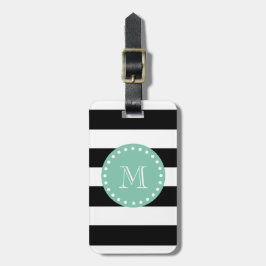 Etiqueta Para Maletas Patrón de rayas negras, monograma verde de menta