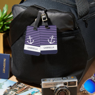 Etiqueta Para Maletas Patrón de rayas personalizado náutico lavanda púrp