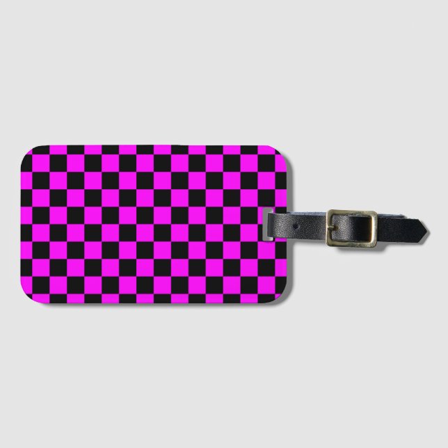 Etiqueta Para Maletas Patrón de tablero de cheques negros + rosados (Anverso horizontal)