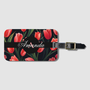 Etiqueta Para Maletas Patrón de tulipán de vectores rojo y negro de hoja