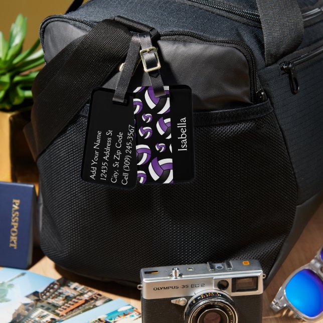 Etiqueta Para Maletas Patrón Deportivo de Voleibol Púrpura (Anverso & Reverso)