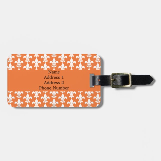 Etiqueta Para Maletas Patrón Fleur de Lis blanco y Naranja (Frente Horizontal)