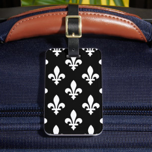Etiqueta Para Maletas Patrón Flor de Lis, Real Francés, Blanco sobre Neg