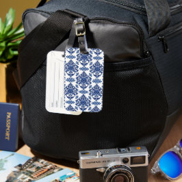 Etiqueta Para Maletas Patrón floral barroco de lujo azul real y blanco