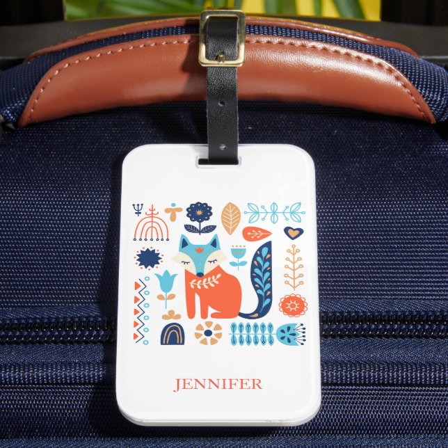 Etiqueta Para Maletas Patrón floral de arte folk de Fox personalizado |  (Anverso In situ 2)