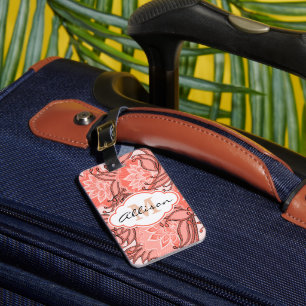 Etiqueta Para Maletas Patrón floral de corales vibrante monogramado