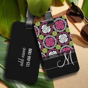 Etiqueta Para Maletas Patrón floral de moda Monograma rosa caliente y ne