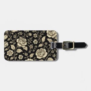 Etiqueta Para Maletas Patrón floral de rosa dorada vintage sobre negro
