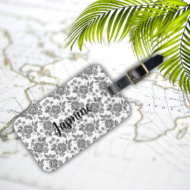 Etiqueta Para Maletas Patrón floral de Rosas grises con monograma Person