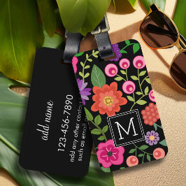 Etiqueta Para Maletas Patrón floral negro de moda con monograma Personal