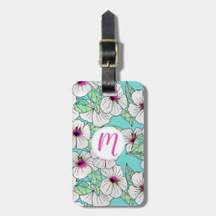 Etiqueta Para Maletas Patrón floral trópico rosa y blanco Hibiscus