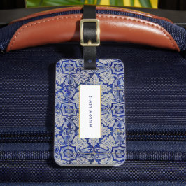 Etiqueta Para Maletas Patrón floral vintage azul y blanco mediterráneo