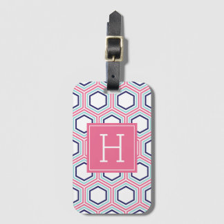 Etiqueta Para Maletas Patrón geométrico rosa y azul monogramado